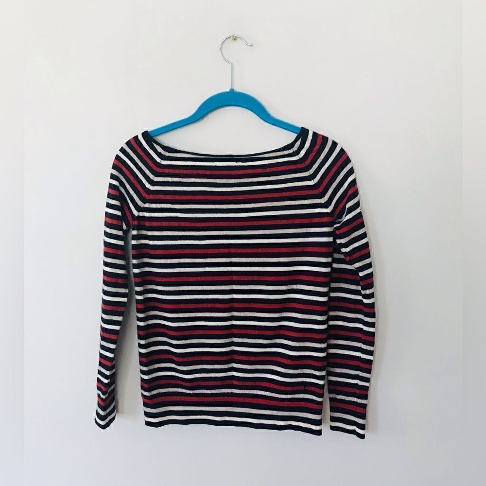 Theory | red, cream, and blue striped boat neck merino wool sweater | small